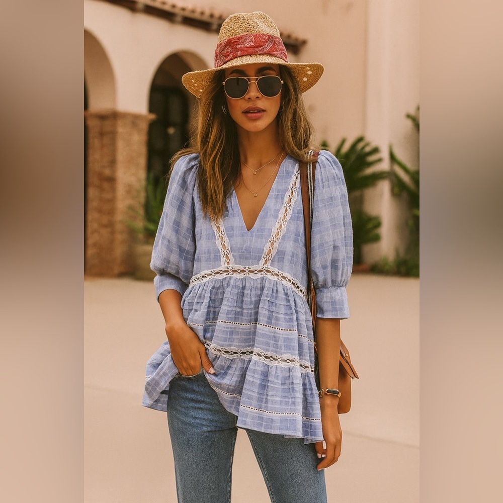 FREE People Time Out Lace Trim Tunic In Blue